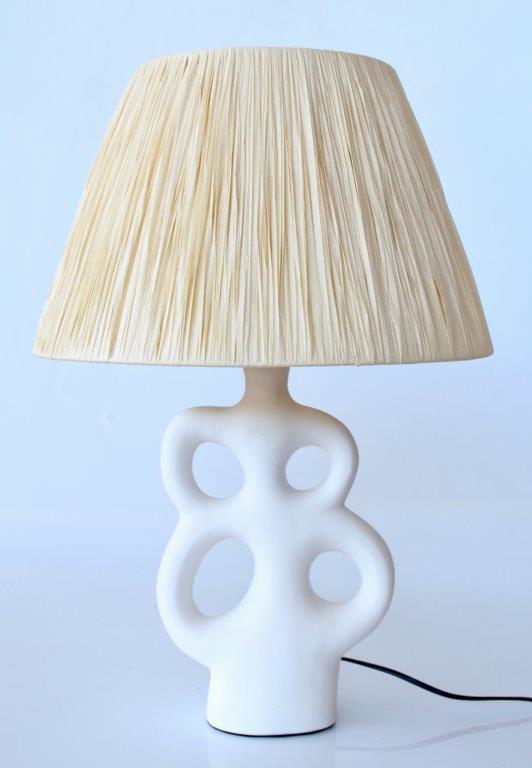 White Narrow Cut-Out Lamp Base With Raffia Shade